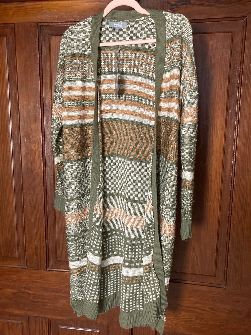 Marled New Olive, White, Tan Stripes Long Open-Front Cardigan